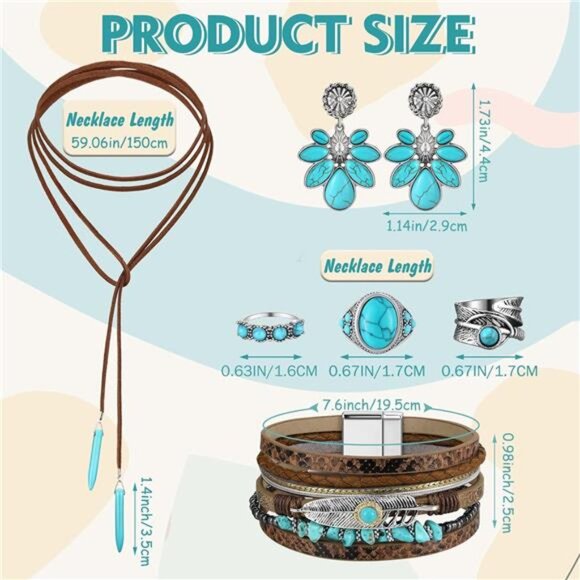 Turquoise Jewelry Set Necklace Earrings Bracelets Rings Boho Western Women Gift - Picture 3 of 6